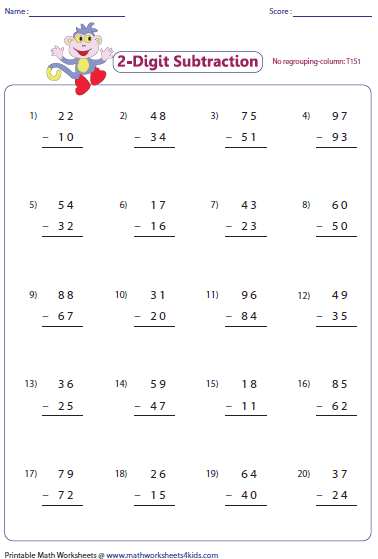 Subtraction Two Digit Numbers Worksheets