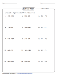 3-Digit Minus 2-Digit or 3-Digit Line up Subtraction