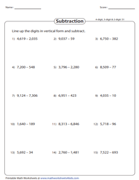 Line up and Subtract 4-Digit Numbers
