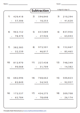 6-Digit Subtraction Worksheets