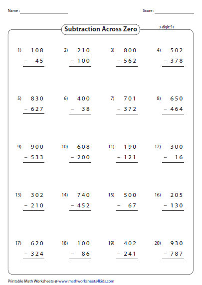 subtraction-with-zeros-worksheets