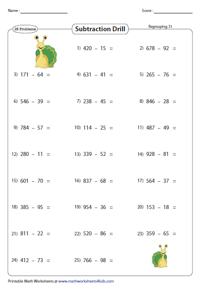 3 Digit Minus 2 Digit Subtraction Drills Worksheets