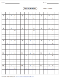 Grid Subtraction: 2-digit minus 1-digit