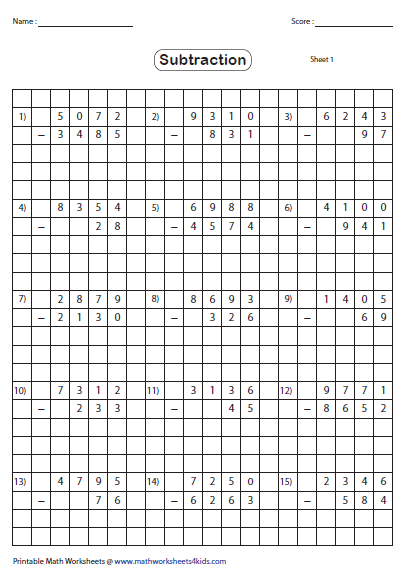 subtraction worksheets on grid paper