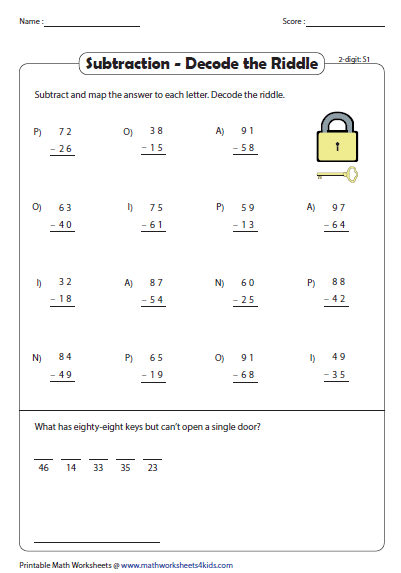 subtraction riddle worksheets