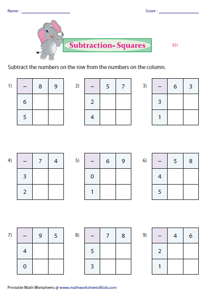 Subtraction Squares Worksheets