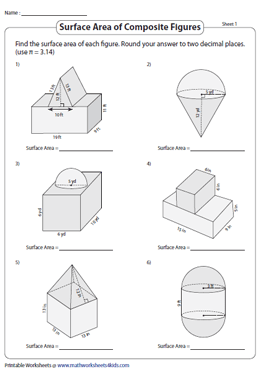 Surface Area of Composite Figures Worksheets
