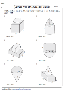 Surface Area of Composite Figures Worksheets