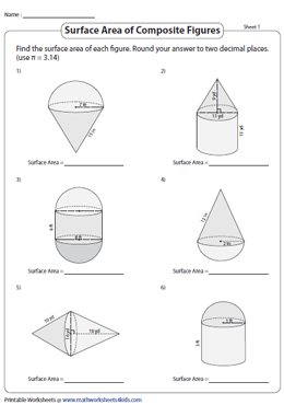 Surface Area of Composite Figures Worksheets