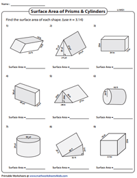 Surface Area of Prisms and Cylinders Worksheets