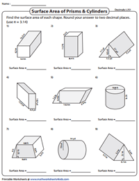 Surface Area of Prisms and Cylinders Worksheets