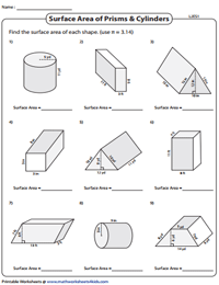 Surface Area of Prisms and Cylinders Worksheets