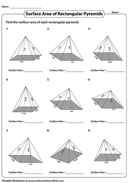 Surface Area of Pyramids Worksheets