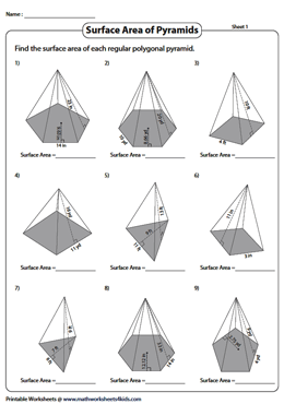 Surface Area of Pyramids Worksheets