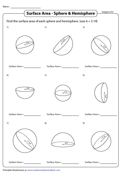 Surface Area of Spheres and Hemispheres Worksheets