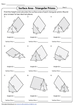 Surface Area of Triangular Prisms Worksheets