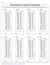Converting between Celsius and Fahrenheit Worksheets