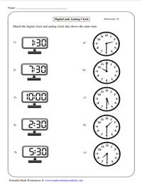 Matching Digital Clocks with Analog Clocks | Increment of Half Hour