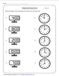 Matching Digital Clocks with Analog Clocks | Increment of an Hour