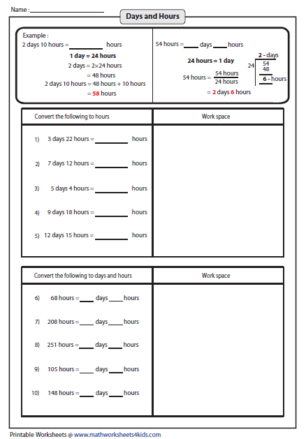 Convert between Days, Hours, Minutes, and Seconds Worksheets