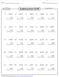 Three-Digit-Minus-Two-Digit Subtraction Drill | No Regrouping