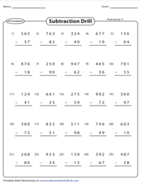 Three-Digit-Minus-Two-Digit Subtraction Drill | With Regrouping