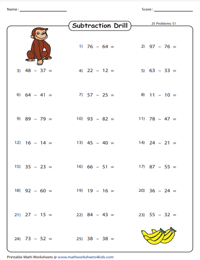 Two-Digit Horizontal Subtraction Drill | No Regrouping