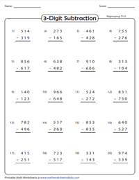 Three-Digit Subtraction Drill | With Regrouping