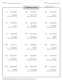 Subtraction of up to 5-Digit Numbers