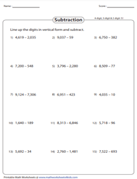 Line up Subtraction: 2-Digit, 3-Digit, and 4-Digit Numbers