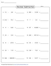 Subtracting Decimals from Whole | Horizontal