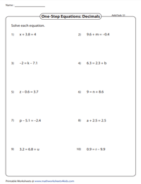 One-Step Equations: Addition and Subtraction | Decimals