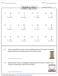 0 to 10 Column Subtraction with Word Problems