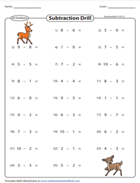 0 to 10 Horizontal Subtraction Drills: 25 problems/page