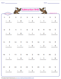 0 to 5 Vertical Subtraction Drills: 25 problems/page