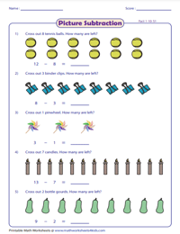Picture Subtraction Facts 1-10 | Color